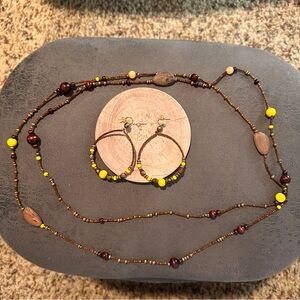 Brown and Yellow Beaded Necklace and Earring Set